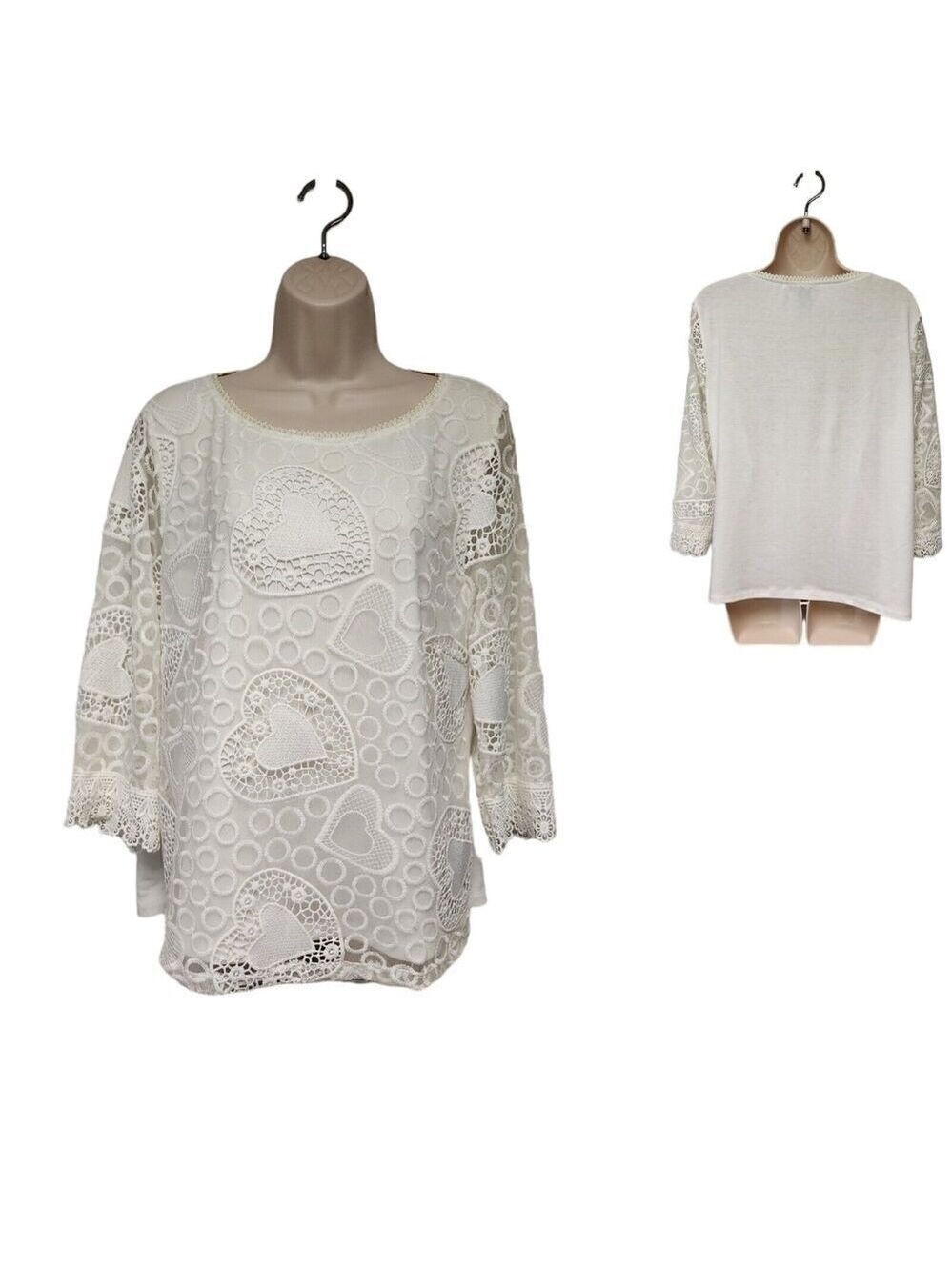 Lauren Michelle Lace Crochet/Woven Tunic Top 3/4 Sleeve Cream/Ivory Size Large
